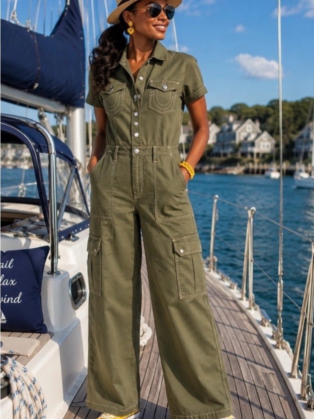 True Religion Olive Green Short-Sleeve Utility Jumpsuit